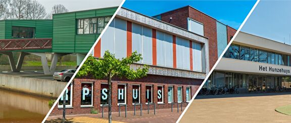 Foto van voorgevels van drie verschillende gebouwen.
